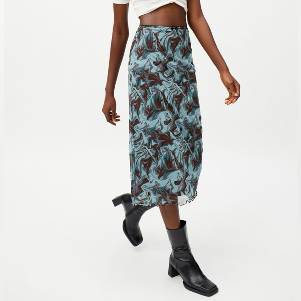 Urban Outfitters Brown and Blue Swirl Tie-Dye Mesh Midi Skirt with Lettuce hem